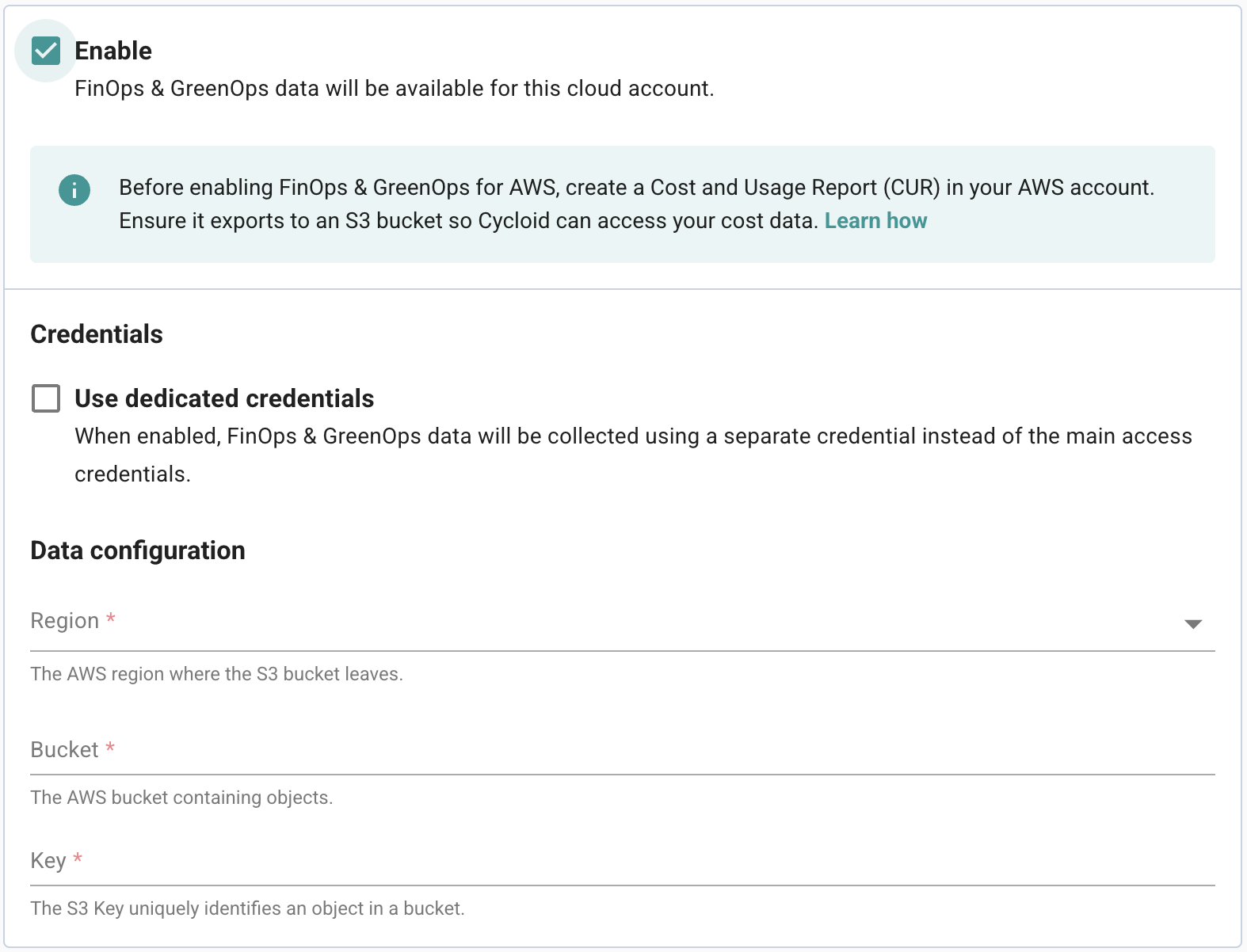 FinOps &amp; GreenOps step in the AWS cloud-account wizard, enabled, with provider-specific data-configuration fields visible