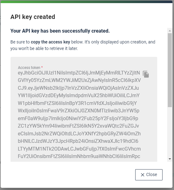 API Key success modal